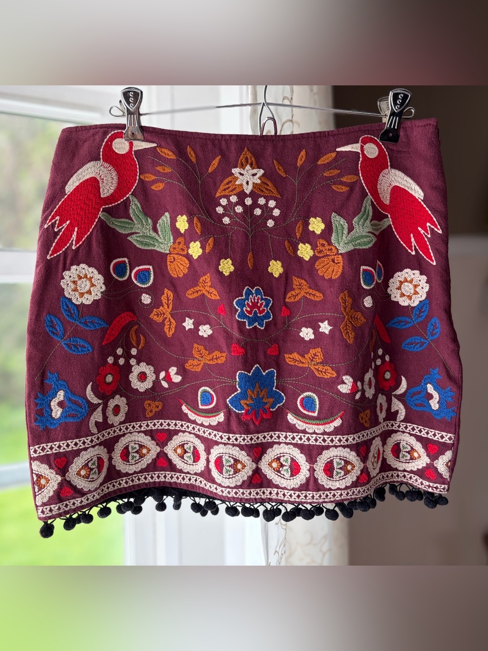 Maroon Embroidered Folk Art Mini Skirt M Boho Festival Cottagecore Whimsical EUC